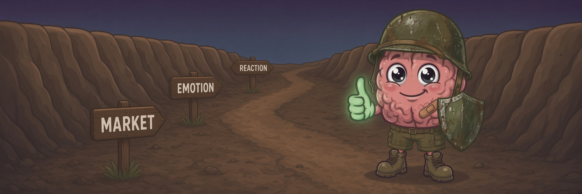 The brain soldier at a trench crossroads marked market, emotion and reaction