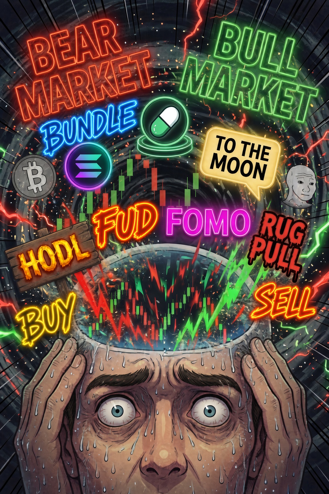 A trader under pressure beneath crypto market charts and trading emotions